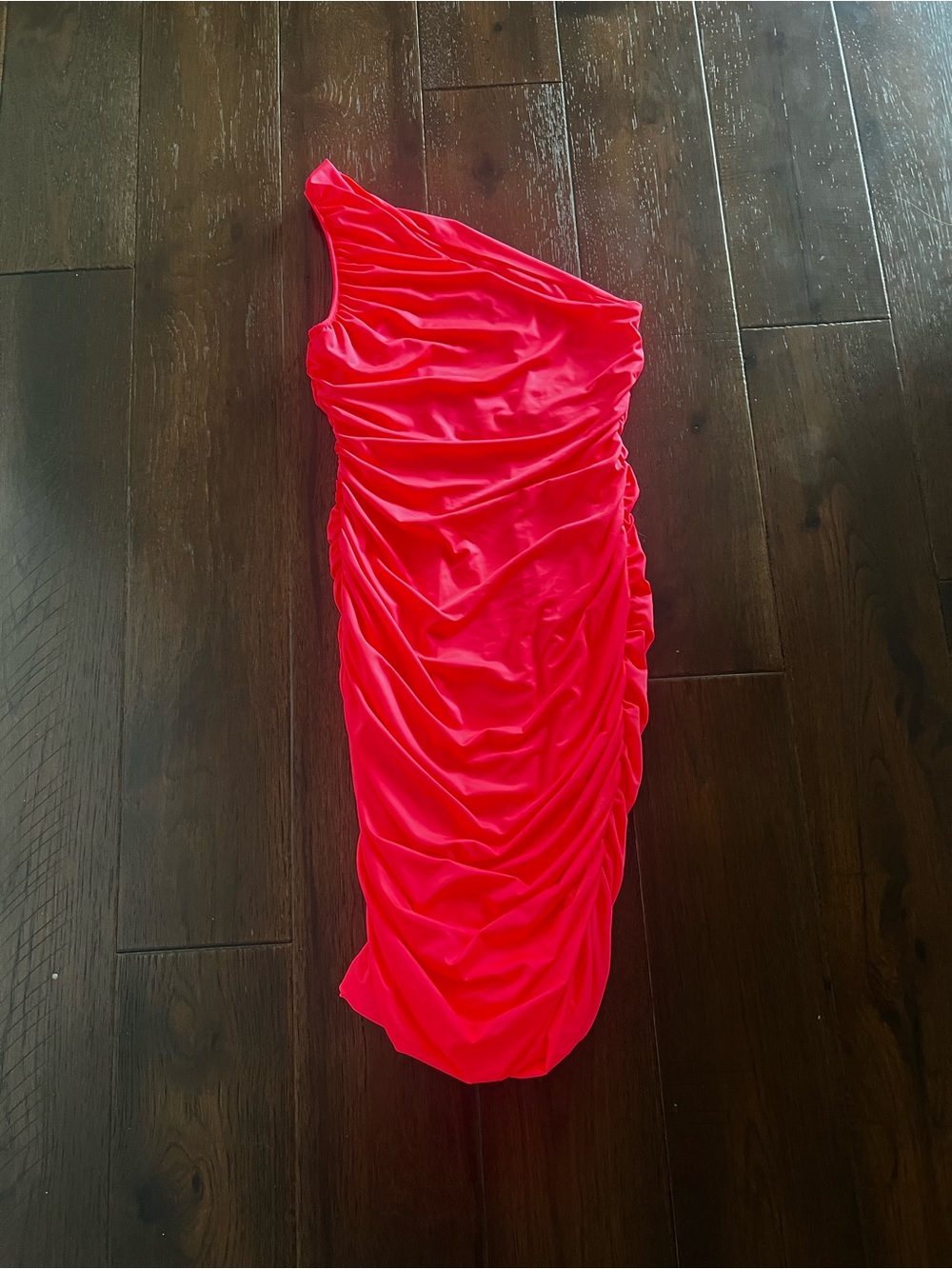 One-Shoulder Hot Pink Ruched Cocktail Dress fluorescent pink